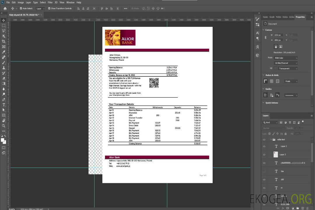 Pologne Relevé bancaire d'Alior template